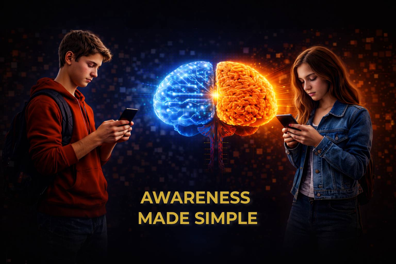 Students using smartphones with glowing brain